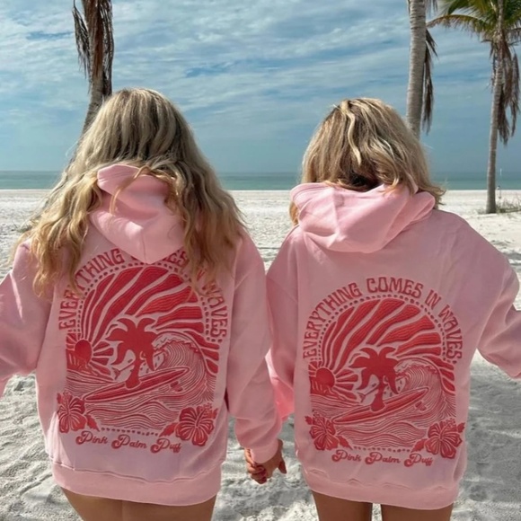 PINK PALM PUFF "Everything Comes in Waves" Hoodie in Pink - Size XXS - Picture 1 of 5